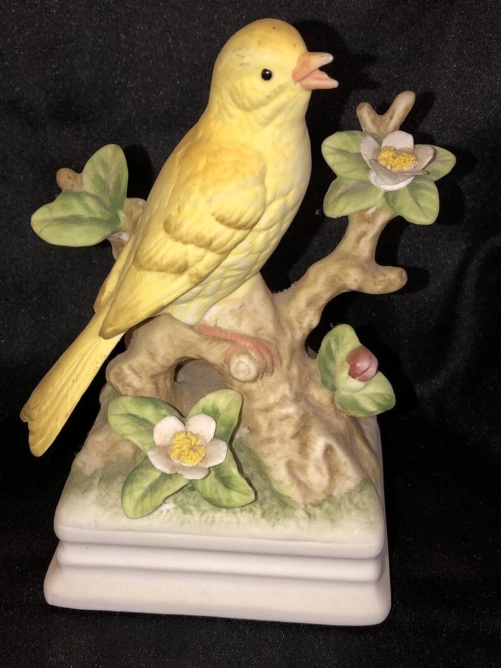 Gorham Yellow Ceramic Songbird Figurine with Green Leaves and White Blossoms